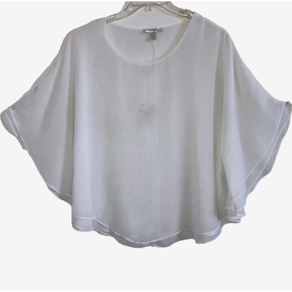 DRESSBARN L Solid White Chiffon 2 Tiered 2 Flowy Breezy Top Relaxed Fit Neutral - Picture 1 of 5